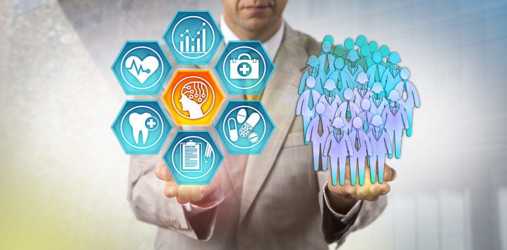 Administrator Using AI In Population Health Study Unrecognizable healthcare administrator reviewing health outcomes of a human group via an AI application. Healthcare technology concept for the use of artificial intelligence in population health.