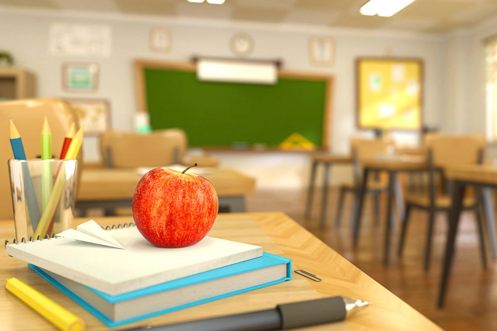 Cartoon style school elements - book, pen, pencils and red apple on desk in empty classroom. 3D rendering illustration. Book, pen, pencils and red apple on table in empty school classroom. 3D rendering illustration. Back to school background templateCartoon style school elements - book, pen, pencils and red apple on desk in empty classroom. 3D rendering illustration. Back to school design template.