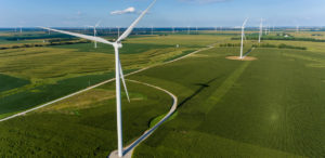 Windmills over field