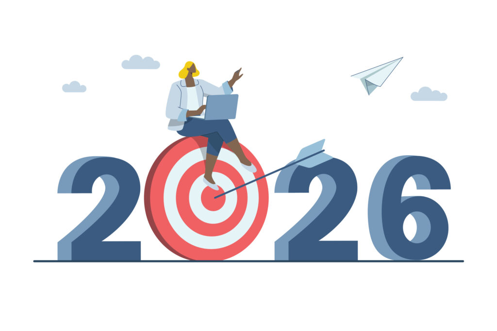 Goal setting in 2026, Businesswoman using laptop sitting on archery target, Progress and path to success, Flat vector design illustration.