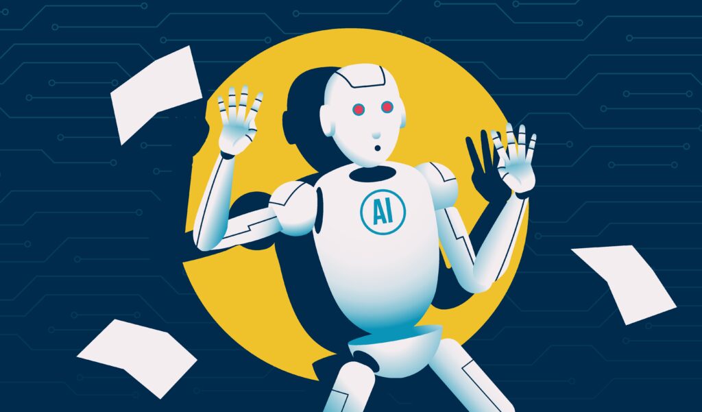 Robot caught in a flashlight. Artifical intelligence plagiarism, cheating and ai detection concept. Vector illustration.